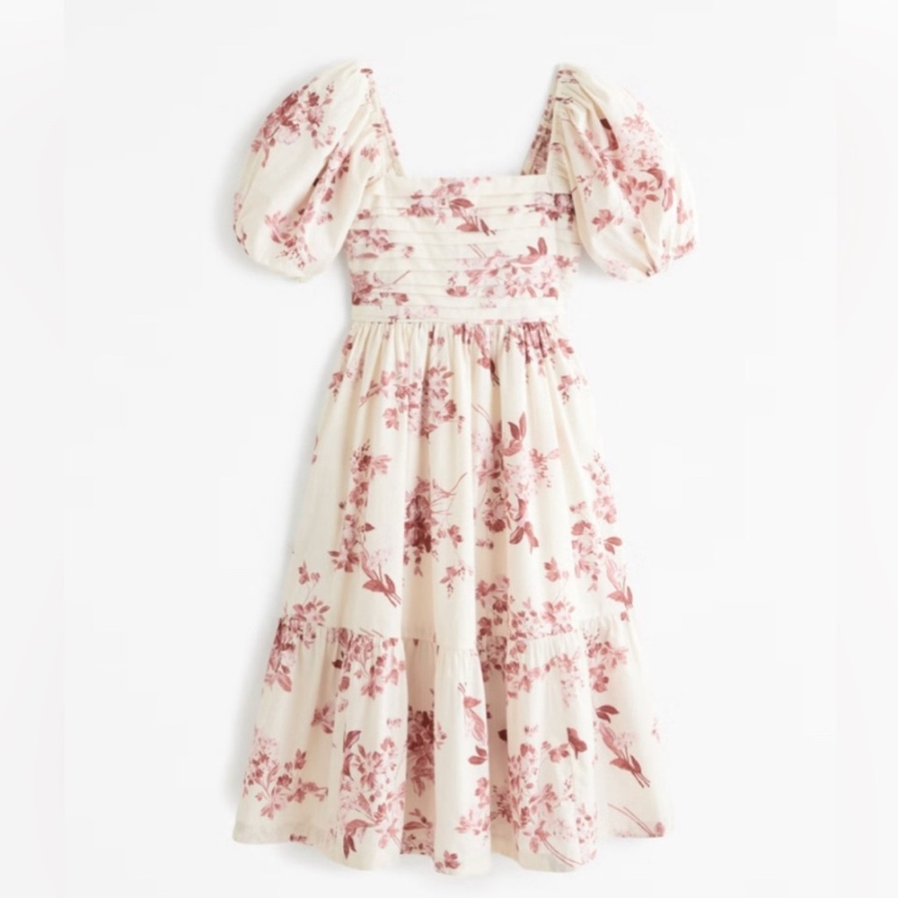 Abercrombie & Fitch Cream Floral Midi Dress with Pink Print